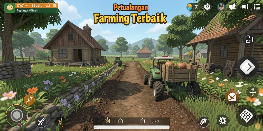 Tampilan gameplay DY01 menunjukkan petani bekerja di ladang yang subur.