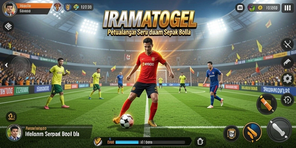 Screenshot permainan IRAMATOGEL menampilkan aksi sepak bola yang mendebarkan.