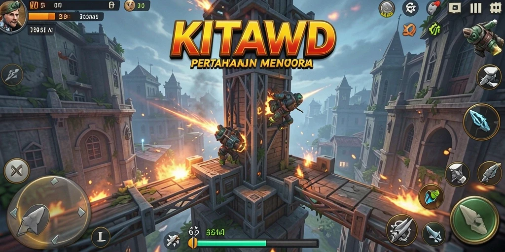Screenshot utama KITAWD menunjukkan aksi menara bertahan yang mendebarkan.