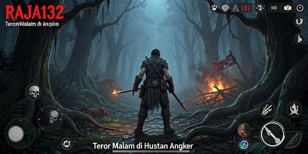 Screeshot gameplay RAJA132 menampilkan suasana mencekam di dalam hutan angker.